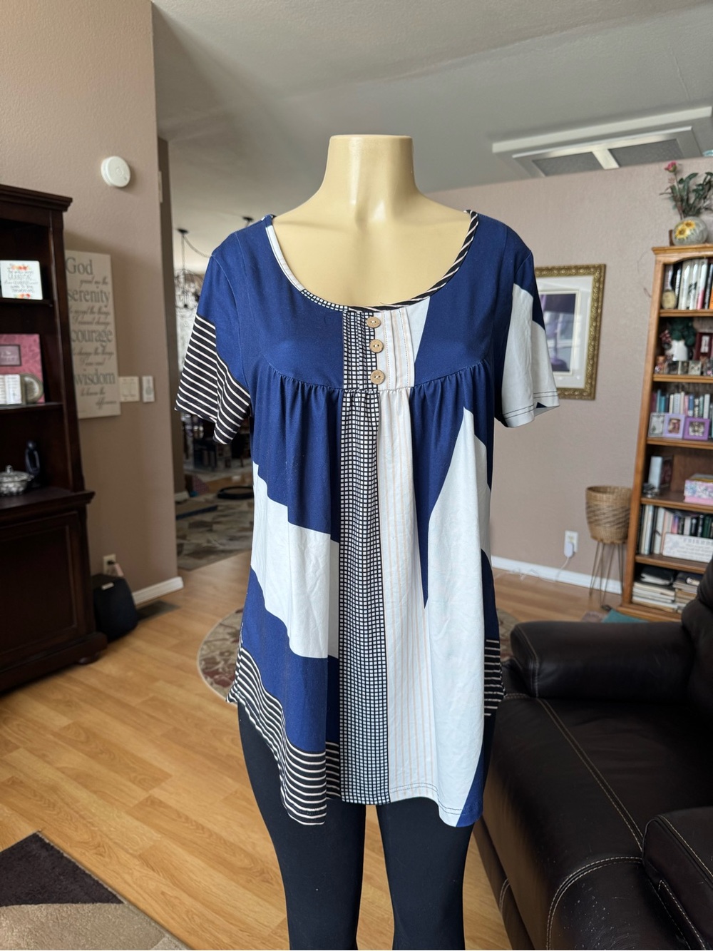 Boutique blue, white & black mixed print scoop neck tunic-size L